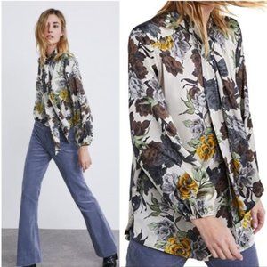 Zara Satin Floral Blouse with Neck Tie Size M